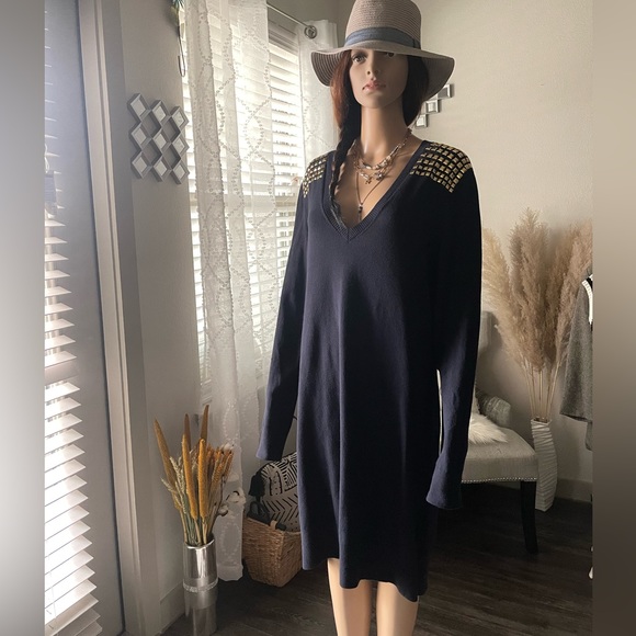 Navy Blue Long Sleeve Sweater Midi Dress XL - Picture 1 of 8